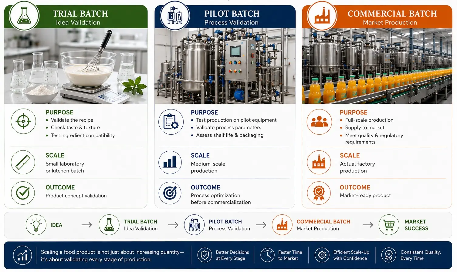 Trial Batch, Pilot Batch and Commercial Batch: Key Differences in Food Manufacturing